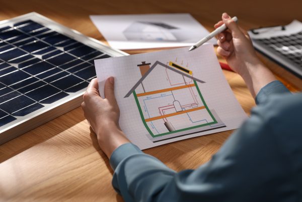 Woman holding plan of residential solar panel system