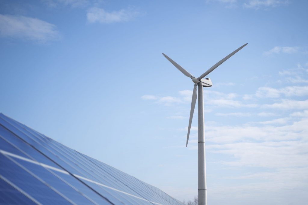 Solar panels and wind turbine