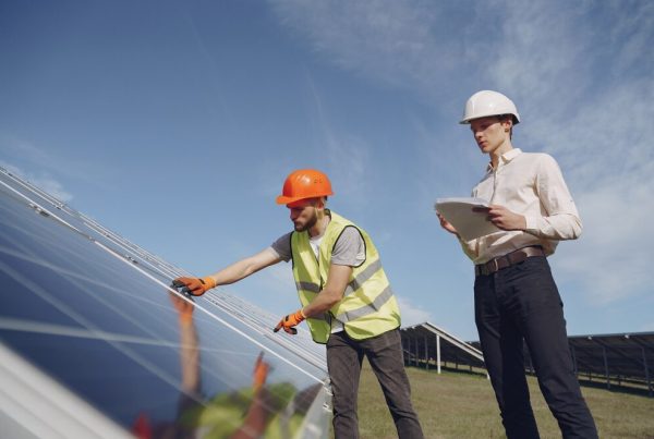 Solar Panel Installers inspecting ground mounted solar panels
