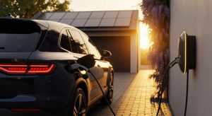 Black vehicle being charged by wall mounted EV charger