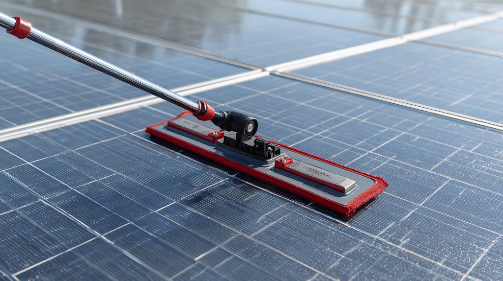 solar panels being cleaned with a mop