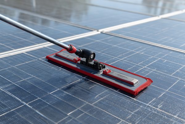 solar panels being cleaned with a mop