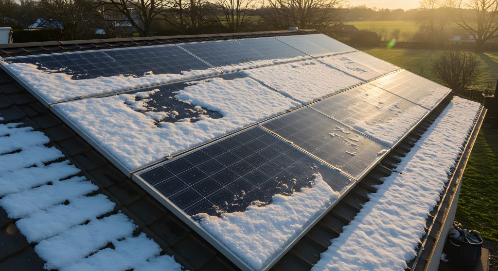 solar panels on a rood with snow partly covering them.