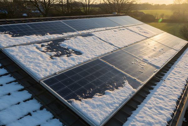 solar panels on a rood with snow partly covering them.